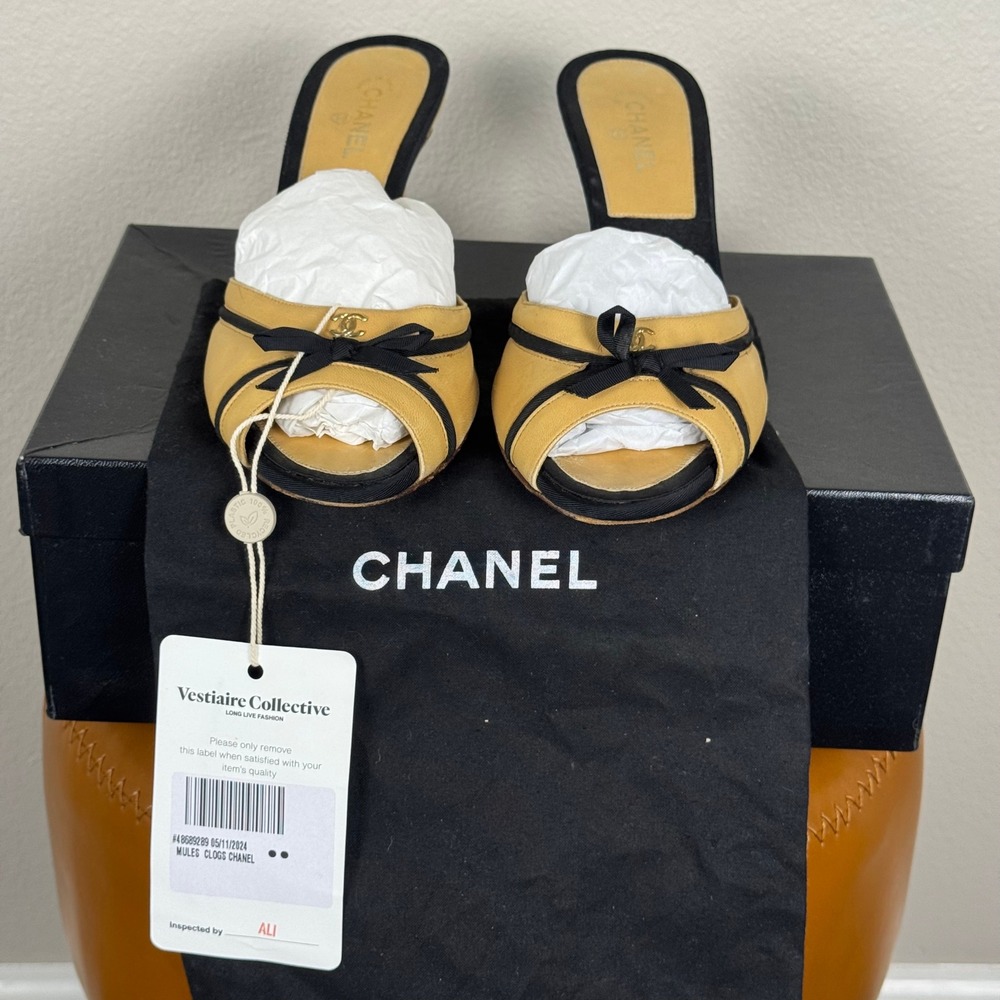 Chanel Tan Leather Peep Toe Mules Black Bow CC Logo Heels Sandals